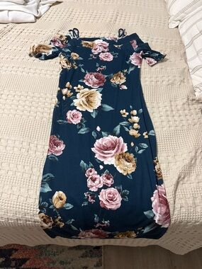 Haute Monde Navy Midi Dress with Pink & Gold Floral Print